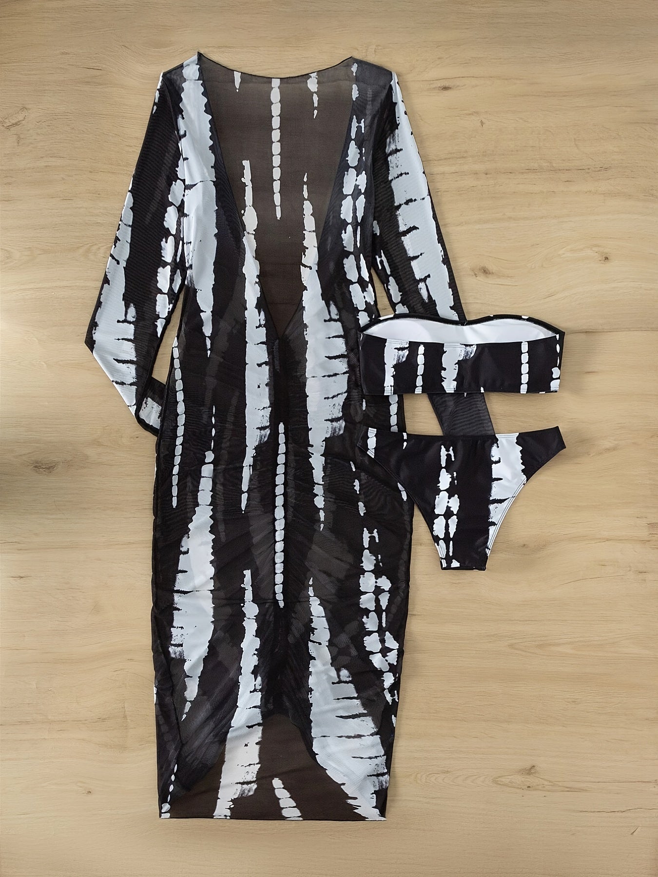 3-piece Tie Dye Bandeau Bikini Sets, Strapless Tube Top With Long Sleeve Open Up Top Long Cover Up Dress, Women's Swimwear & Clothing