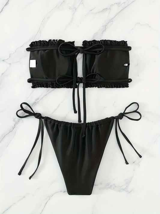 Chic Adjustable Ruched Bra Top Bikini Set - Secure Double Drawstring Bandeau with Trendy Tie Side - Ultra-Flattering High Cut Two-Piece Swimsuit for Women