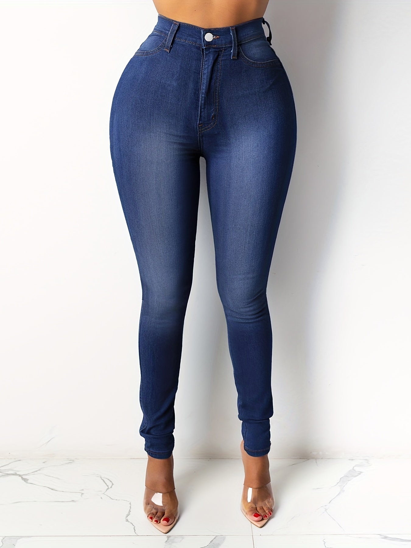 Curvy Fit High Rise Skinny Jeans - Stretchy Light Blue Long Plicated Legs Denim Pants with Comfortable Waistband and Five Pocket Design - Women's Denim Jeans & Clothing for Fashionable Ladies