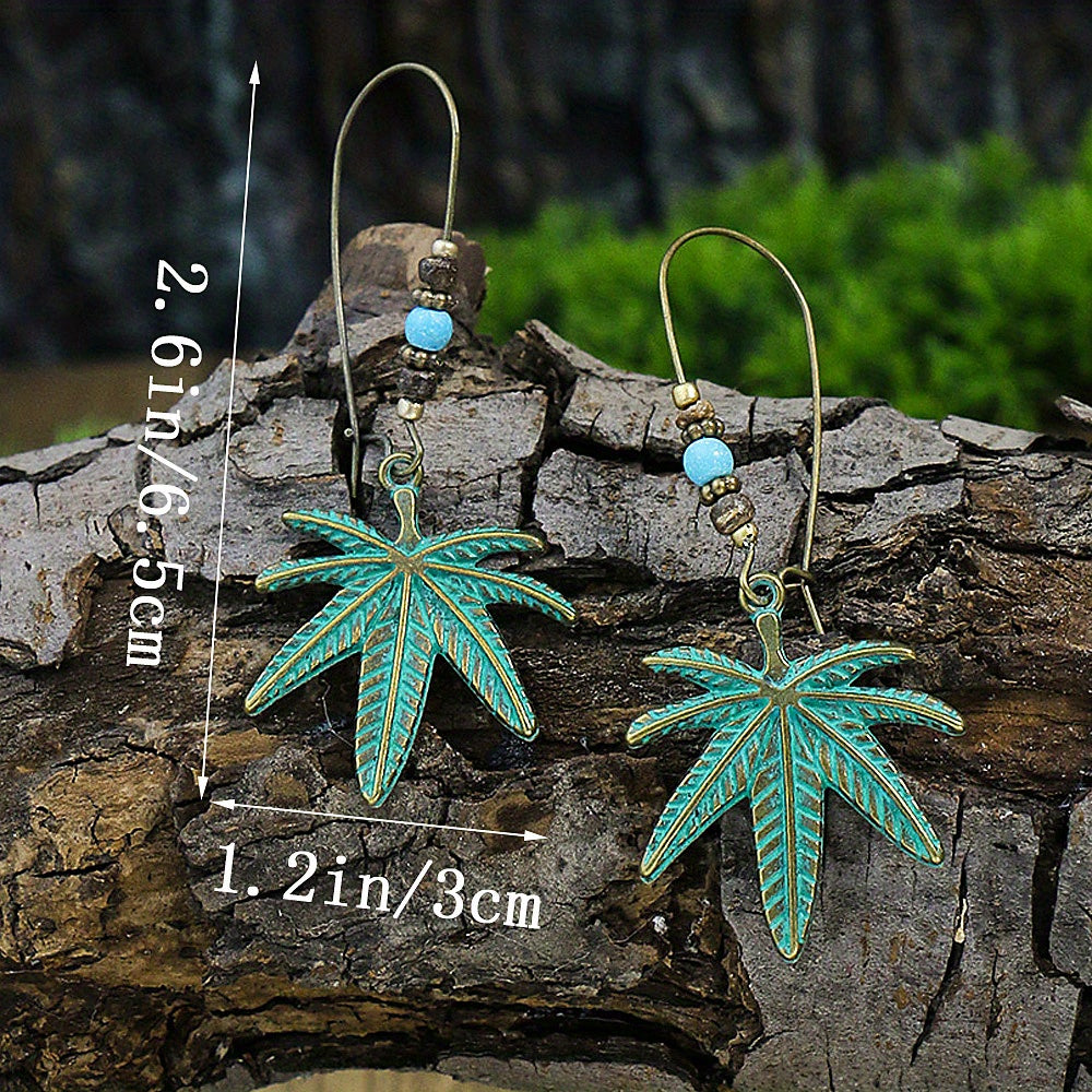 Retro Style Antique Bronze Smeared Blue Leaf Hollow Pendant Large Ear Hook Women's Earrings