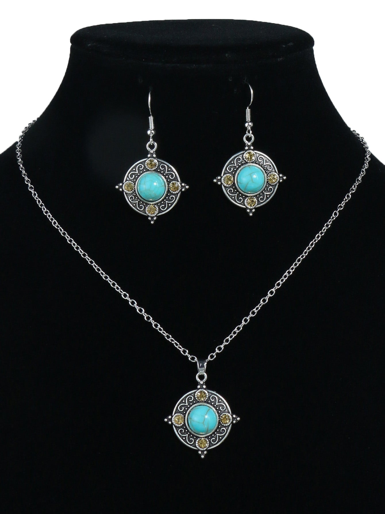 1 Pair Earrings/1 Pair Earrings+1pc Necklace, Retro Ethnic Style Women's Jewelry Set Round Antique Silvery Pendant Geometric Totem Inlaid With Simulated Green Rhinestones Embellished Earrings And Necklace Set