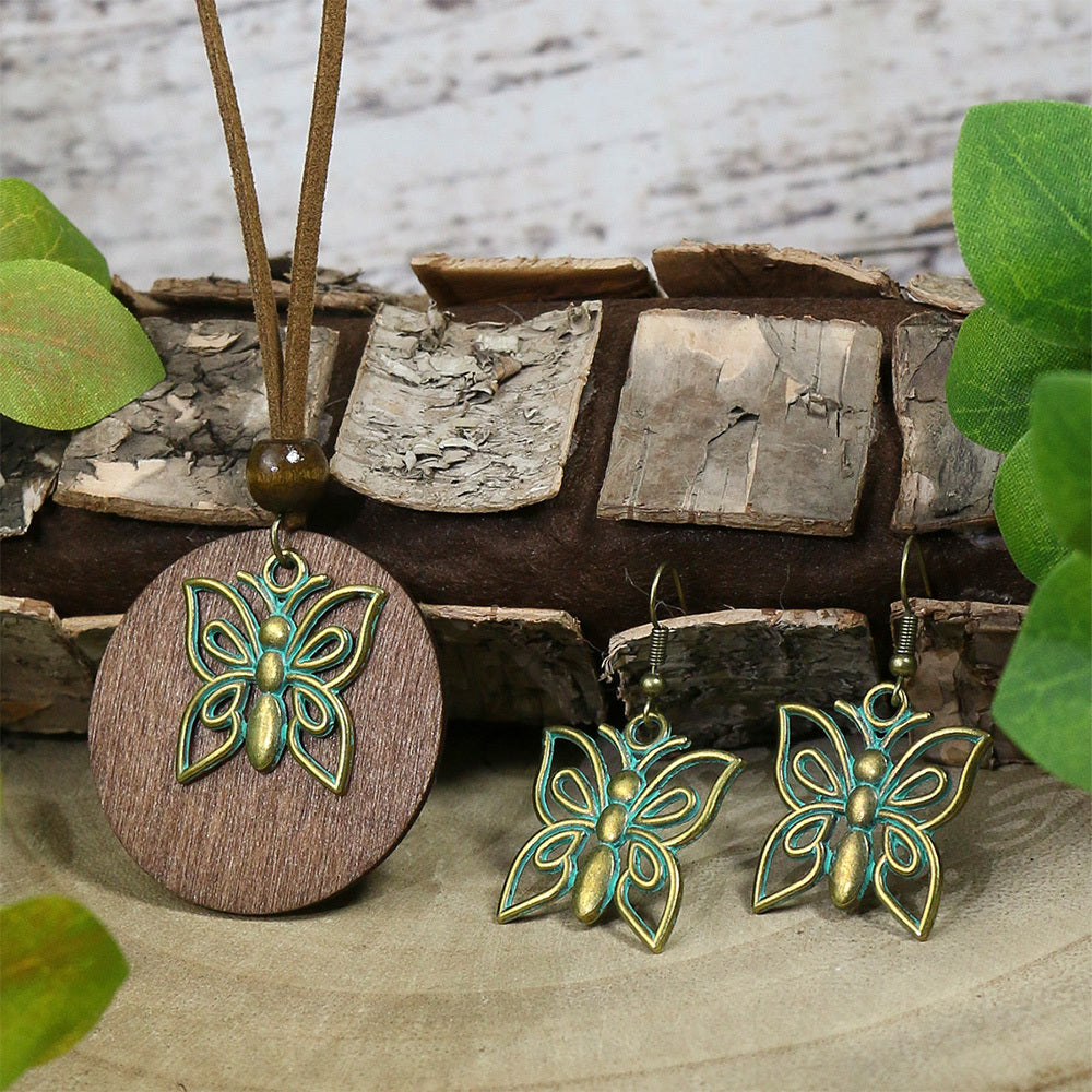 3pack Ancient Folk Wooden Round Plus Geometric Ancient Copper Layered Charm Earrings Necklace Set