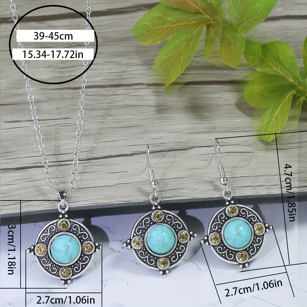 1 Pair Earrings/1 Pair Earrings+1pc Necklace, Retro Ethnic Style Women's Jewelry Set Round Antique Silvery Pendant Geometric Totem Inlaid With Simulated Green Rhinestones Embellished Earrings And Necklace Set