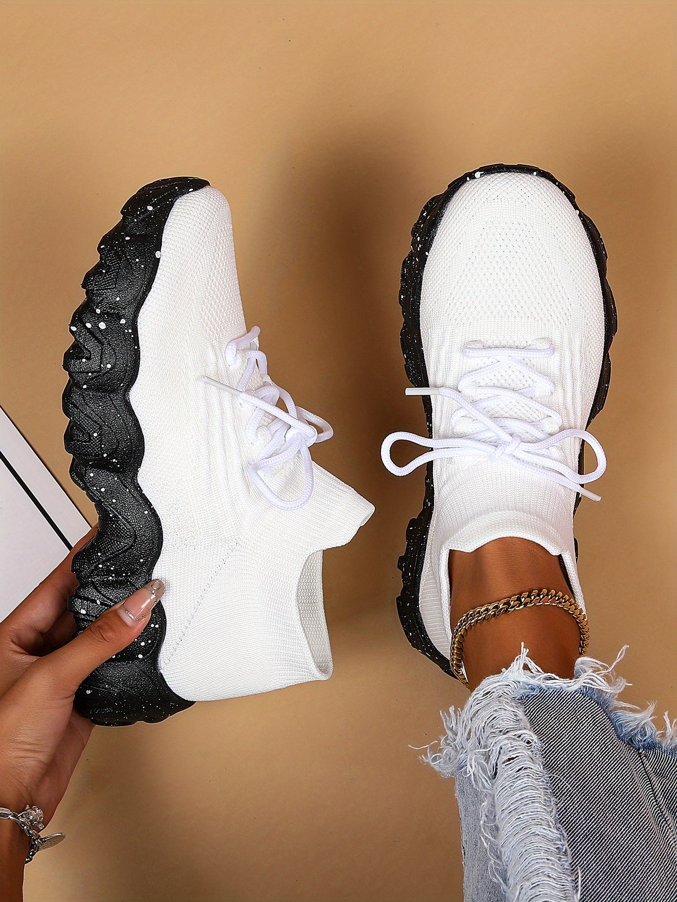 [Breathable Fabric Women's Socks Sneakers] Women's Breathable Fabric Socks Sneakers, Flying Woven Lace-Up Chunky Sneakers, Elastic Running Shoes