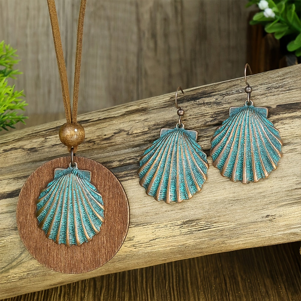 3pack Ancient Folk Wooden Round Plus Geometric Ancient Copper Layered Charm Earrings Necklace Set