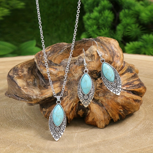 1 Pair Earrings/1 Pair Earrings+1pc Necklace, Retro Ethnic Style Women's Jewelry Set Round Antique Silvery Pendant Geometric Totem Inlaid With Simulated Green Rhinestones Embellished Earrings And Necklace Set