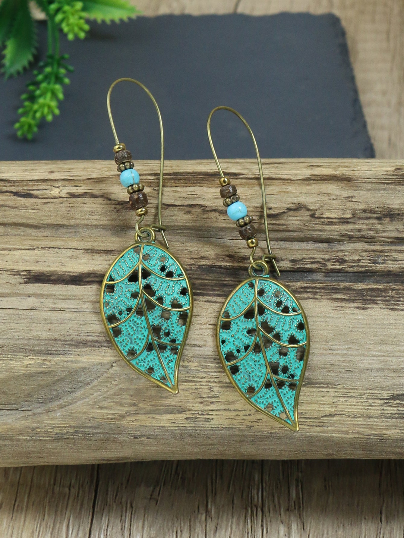 Retro Style Antique Bronze Smeared Blue Leaf Hollow Pendant Large Ear Hook Women's Earrings