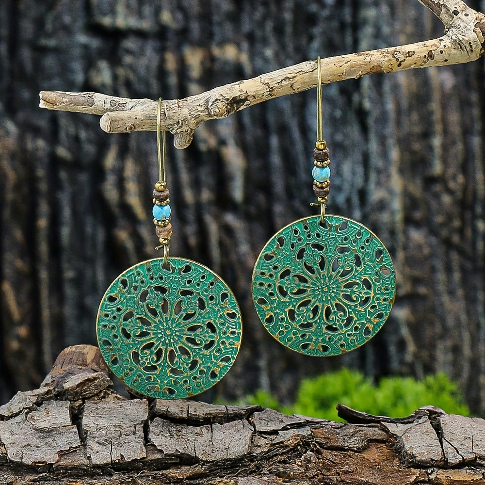 Retro Style Antique Bronze Smeared Blue Leaf Hollow Pendant Large Ear Hook Women's Earrings