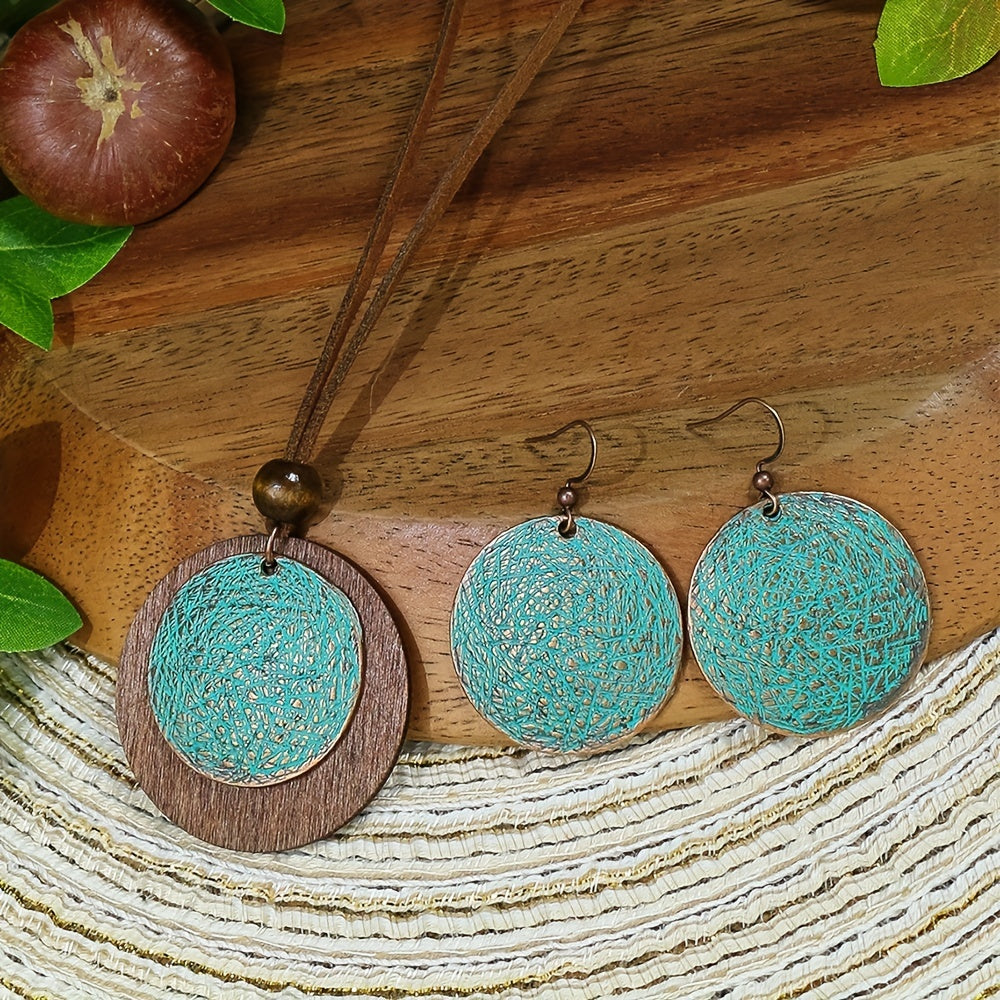 3pack Ancient Folk Wooden Round Plus Geometric Ancient Copper Layered Charm Earrings Necklace Set