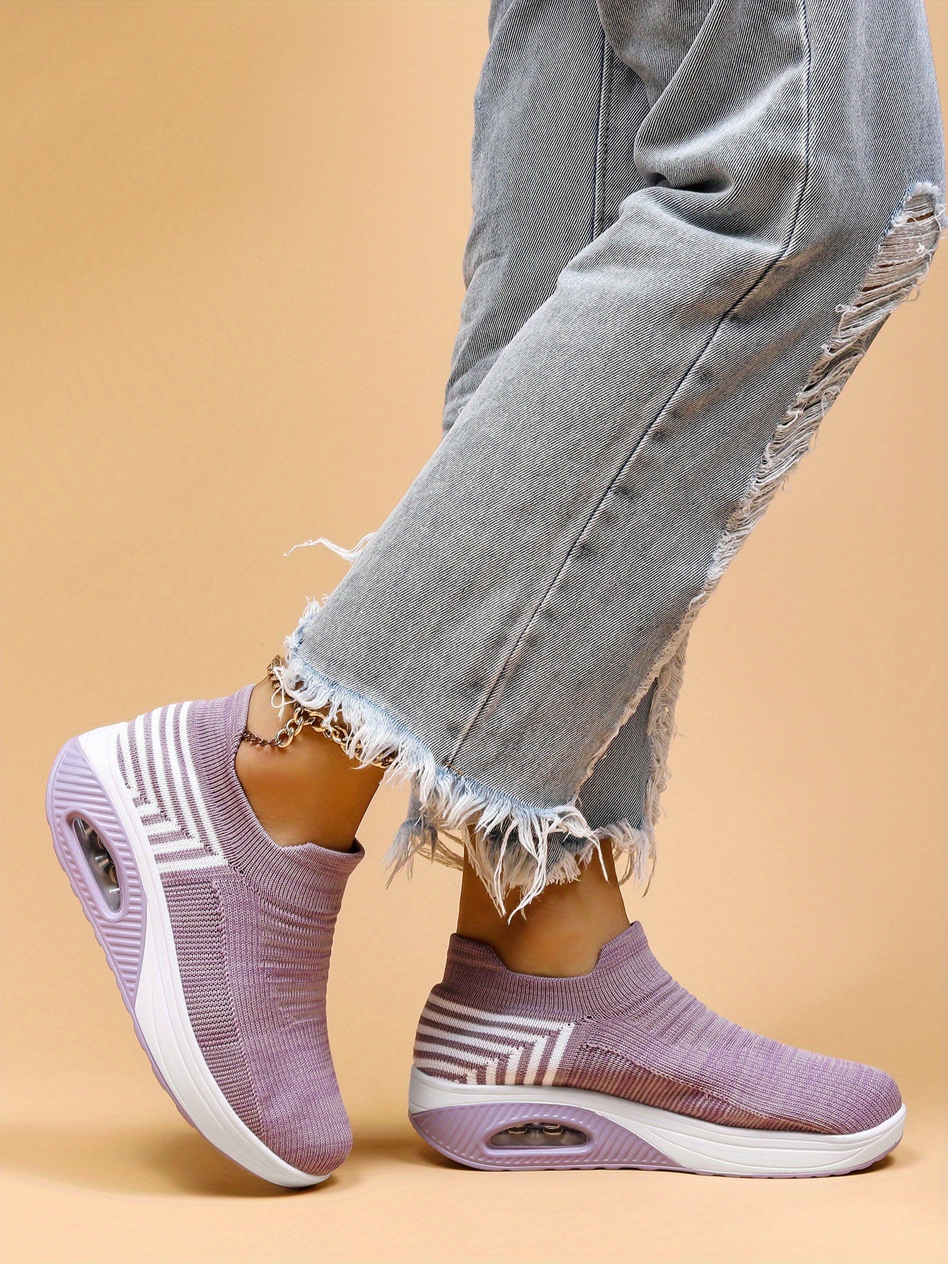 Women's Air Cushion Sneakers, Breathable Round Closed Toe Low Top Slip On Shoes, Women's Casual Knitted Shoes
