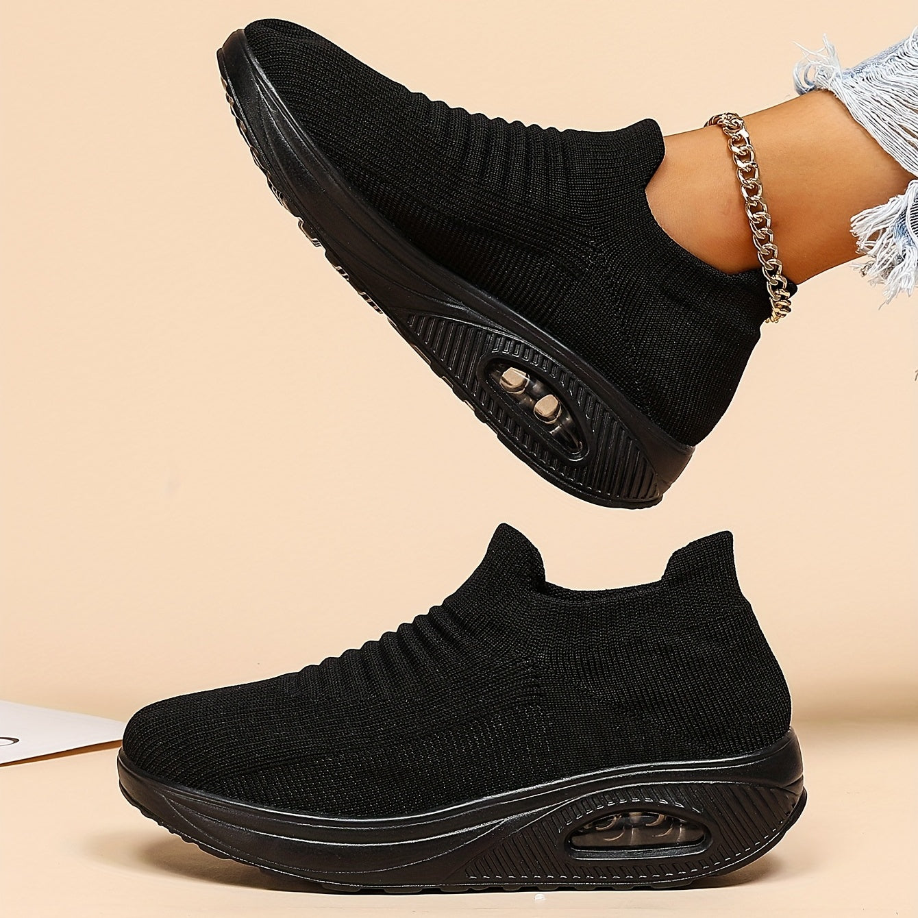 Women's Air Cushion Sneakers, Breathable Round Closed Toe Low Top Slip On Shoes, Women's Casual Knitted Shoes