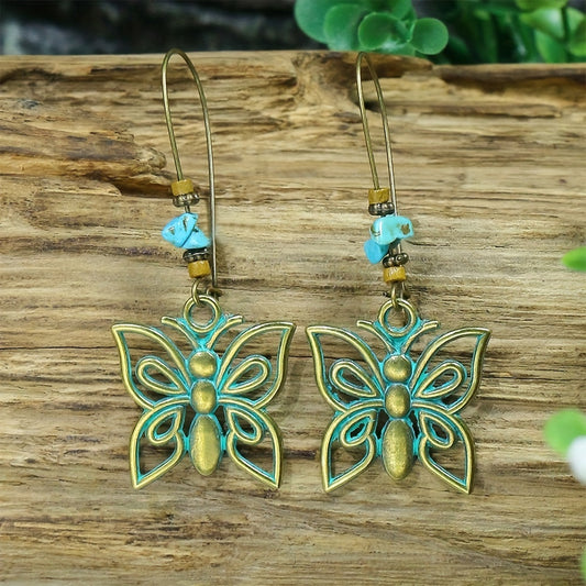 Retro Style Antique Bronze Smeared Blue Leaf Hollow Pendant Large Ear Hook Women's Earrings