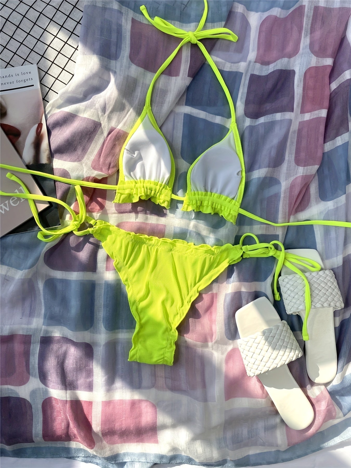 Two Piece High Cut Triangle Halter Neck Lace Up Bikini Sets - Sleek Medium Stretch Polyester Swimsuit with Spandex - Solid Color, Sleeveless, No Belt, Thong Bottom, Knit Fabric, Perfect for Swimming