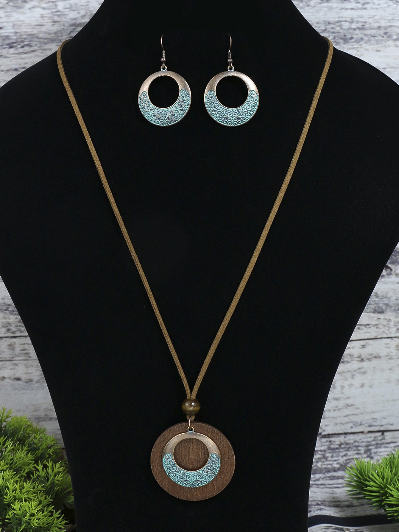 3pack Ancient Folk Wooden Round Plus Geometric Ancient Copper Layered Charm Earrings Necklace Set