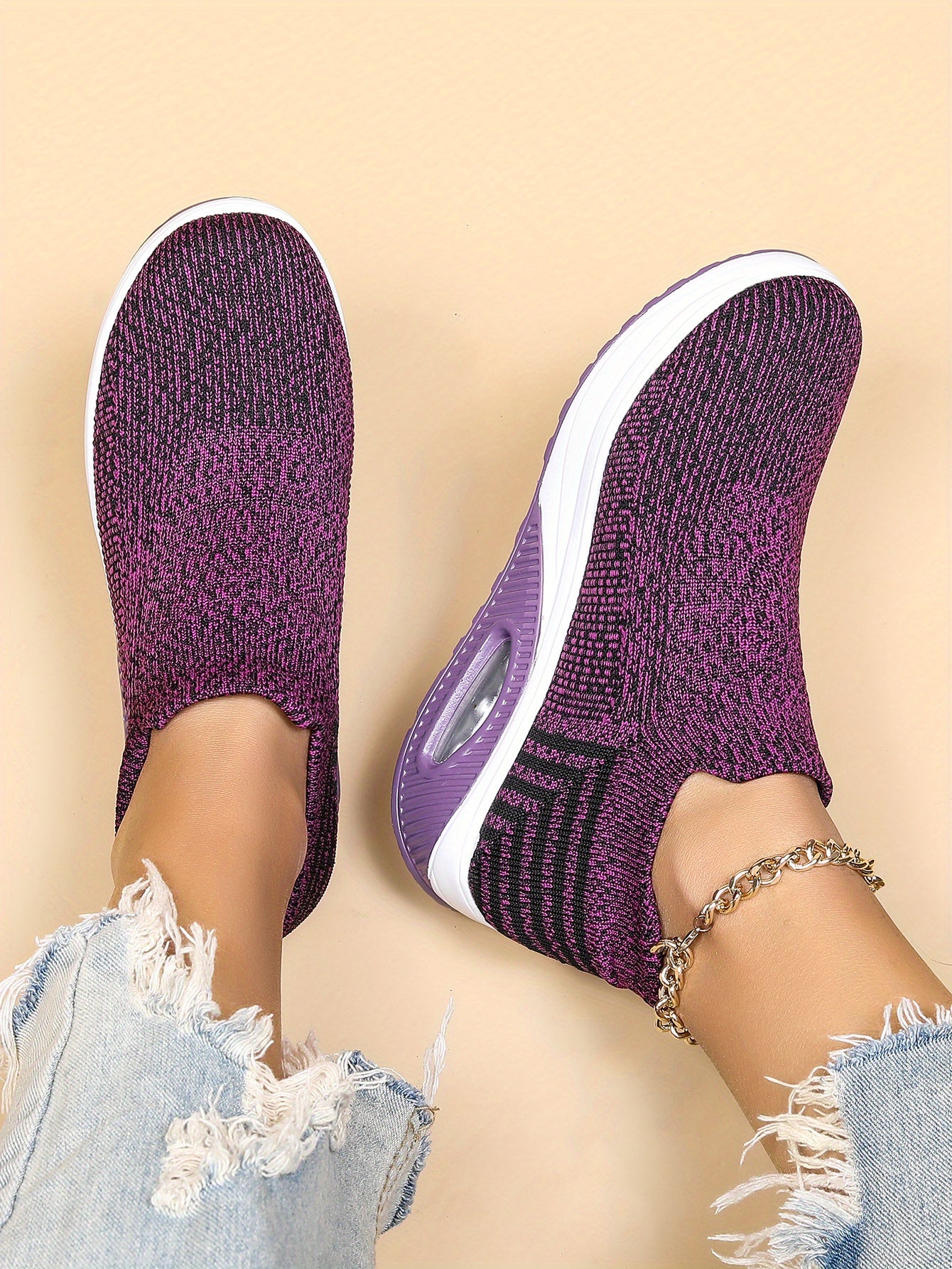 Women's Air Cushion Sneakers, Breathable Round Closed Toe Low Top Slip On Shoes, Women's Casual Knitted Shoes