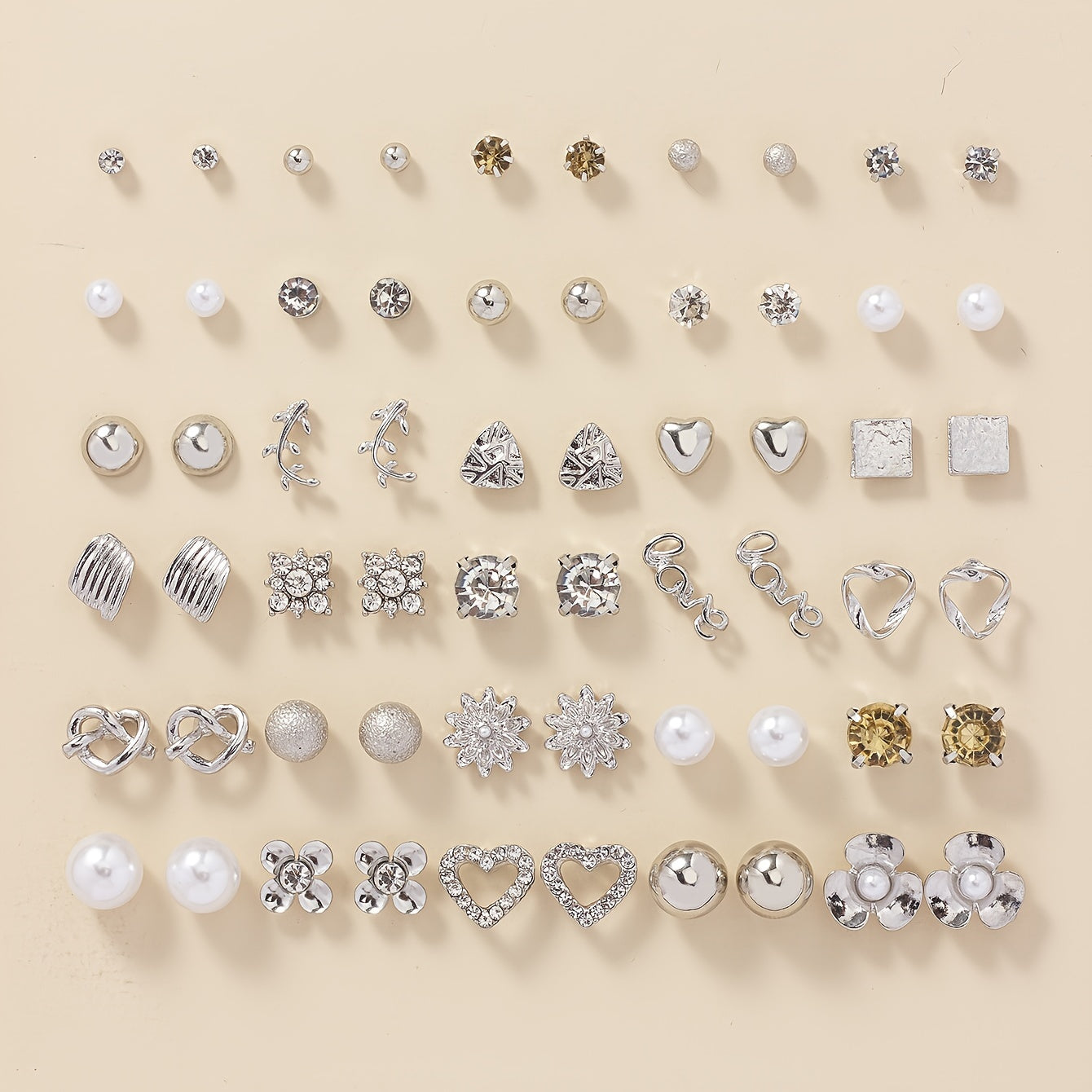 30 Pairs Alloy Full Rhinestones Love Round Faux Pearl Letter Stud Earrings Set