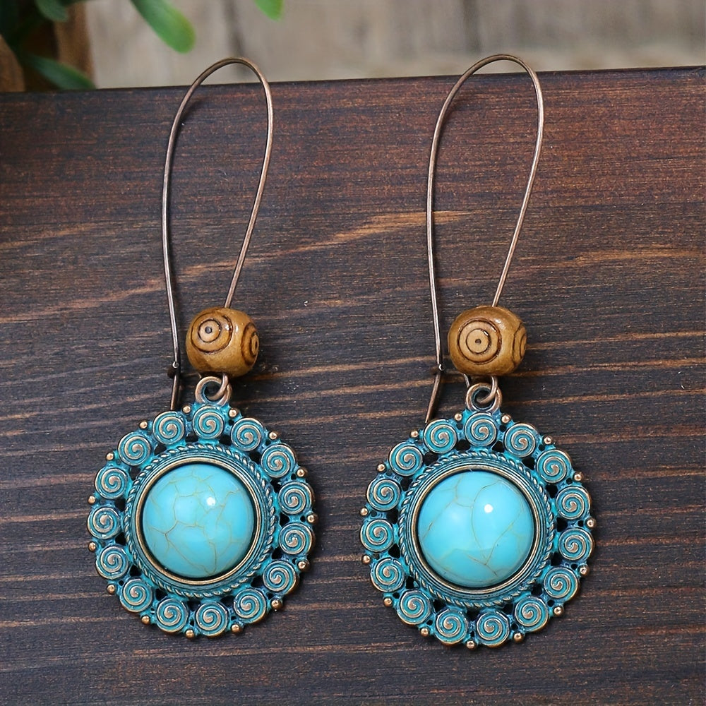 Retro Style Antique Bronze Smeared Blue Leaf Hollow Pendant Large Ear Hook Women's Earrings