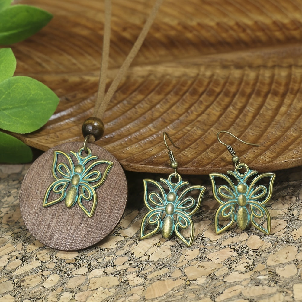 3pack Ancient Folk Wooden Round Plus Geometric Ancient Copper Layered Charm Earrings Necklace Set