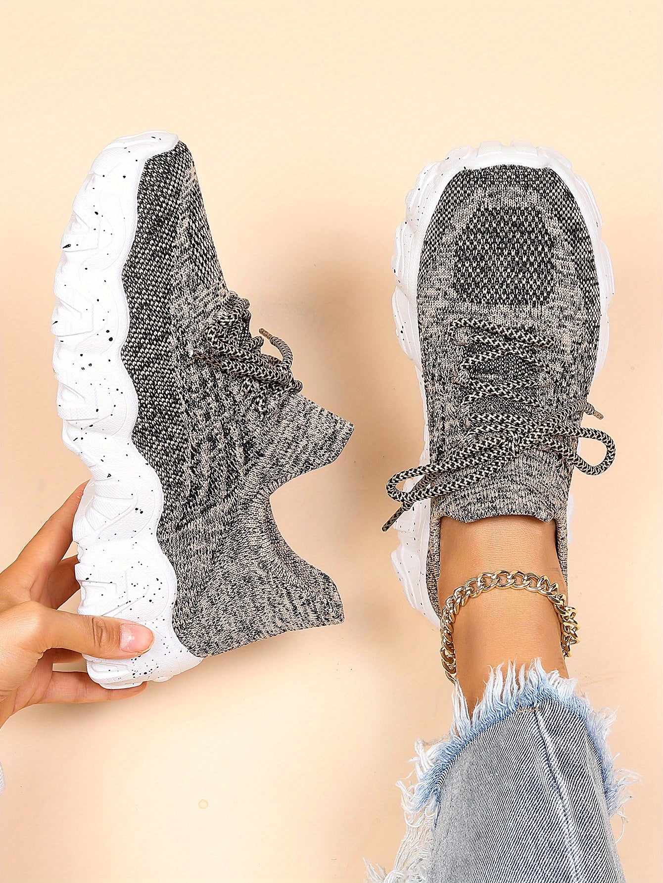 [Breathable Fabric Women's Socks Sneakers] Women's Breathable Fabric Socks Sneakers, Flying Woven Lace-Up Chunky Sneakers, Elastic Running Shoes