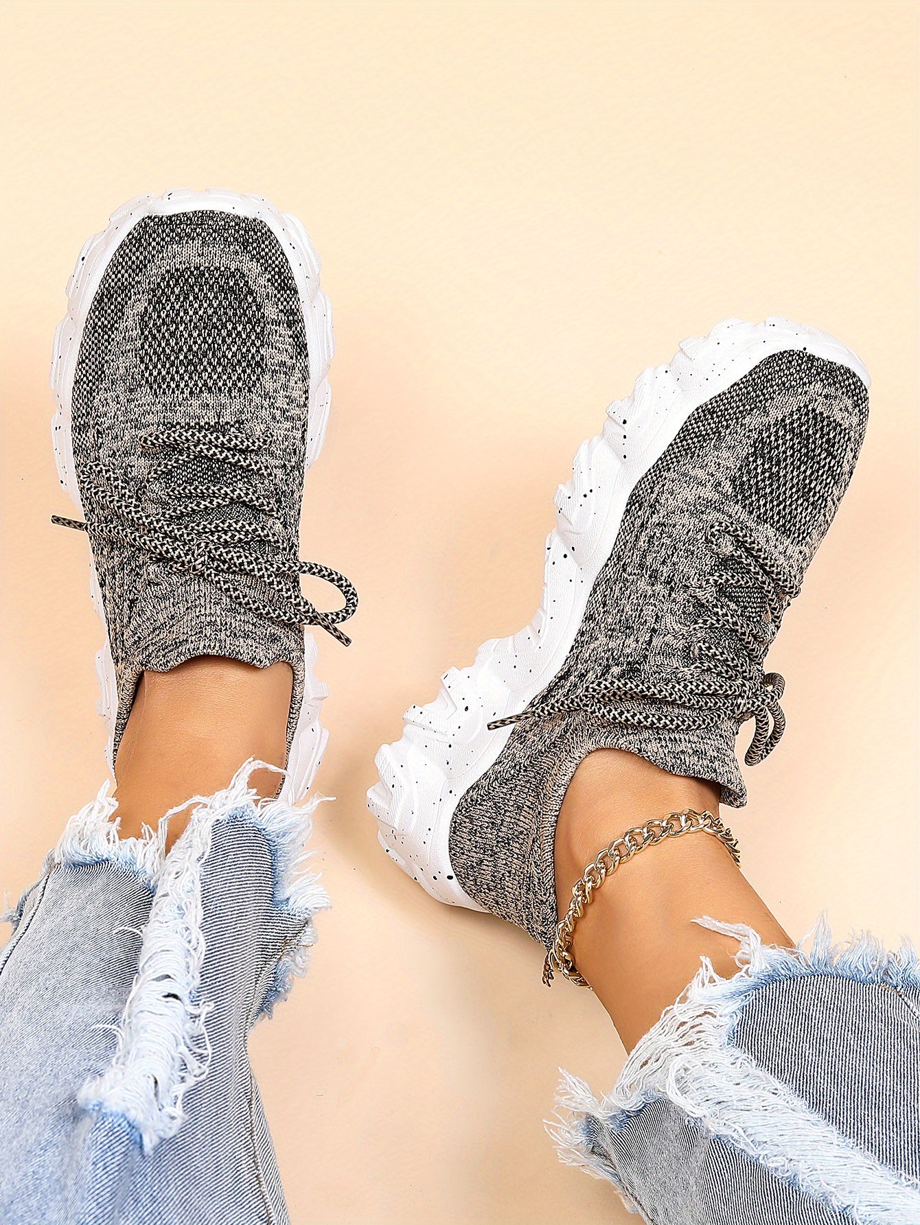 [Breathable Fabric Women's Socks Sneakers] Women's Breathable Fabric Socks Sneakers, Flying Woven Lace-Up Chunky Sneakers, Elastic Running Shoes