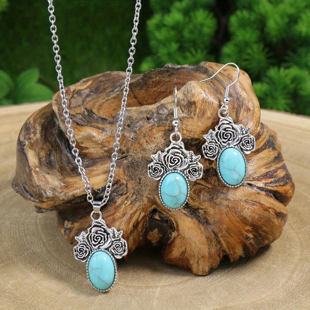 1 Pair Earrings/1 Pair Earrings+1pc Necklace, Retro Ethnic Style Women's Jewelry Set Round Antique Silvery Pendant Geometric Totem Inlaid With Simulated Green Rhinestones Embellished Earrings And Necklace Set