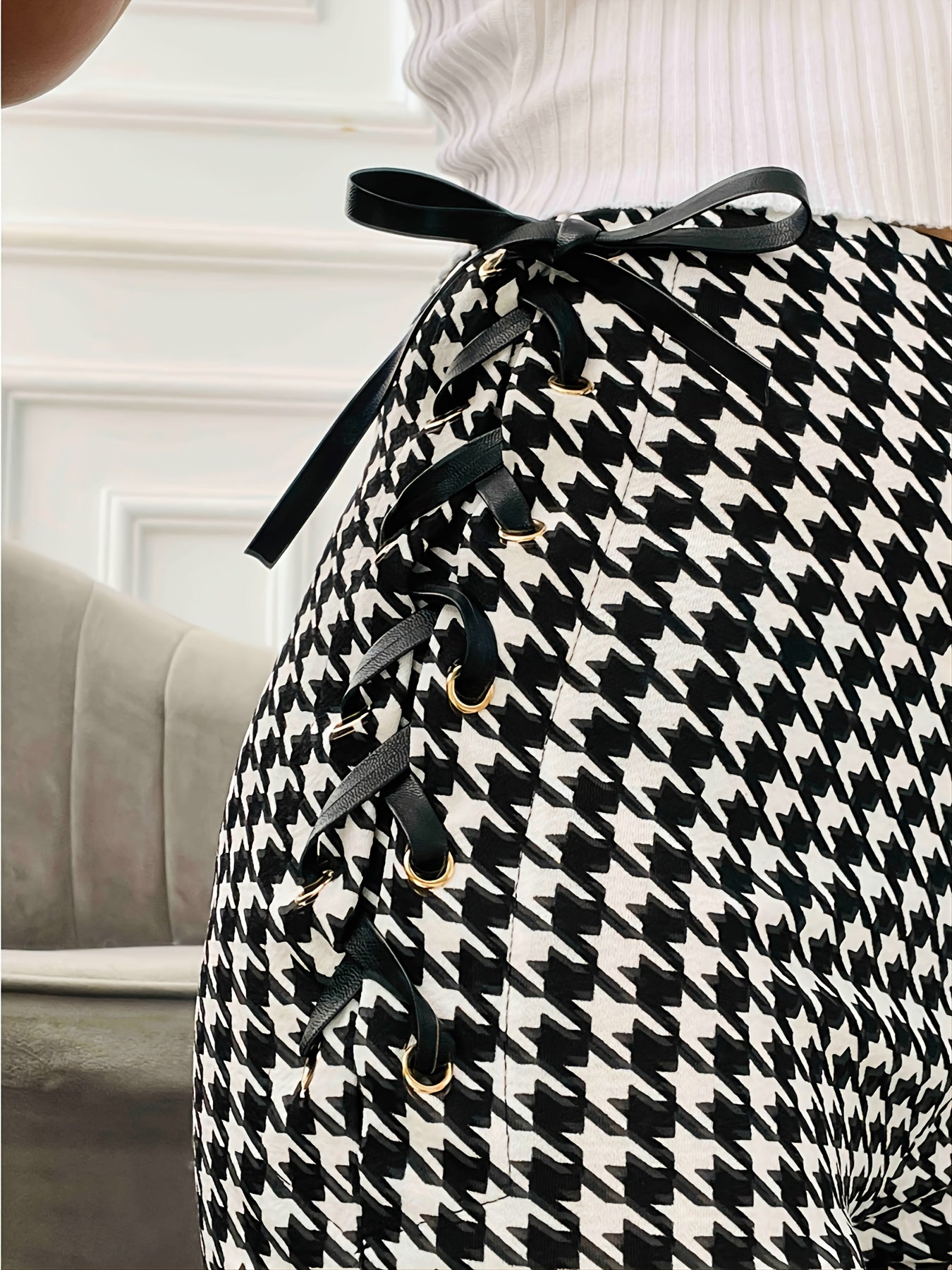 Houndstooth Skinny Leggings Pants, Side Lace Up High Waist Stretchy Pants, Casual Every Day Pants, Women's Clothing