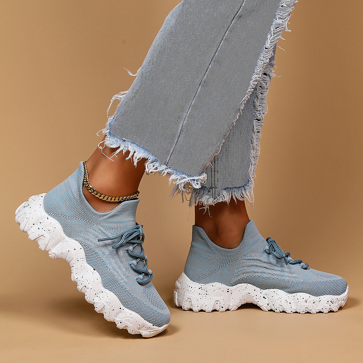 [Breathable Fabric Women's Socks Sneakers] Women's Breathable Fabric Socks Sneakers, Flying Woven Lace-Up Chunky Sneakers, Elastic Running Shoes