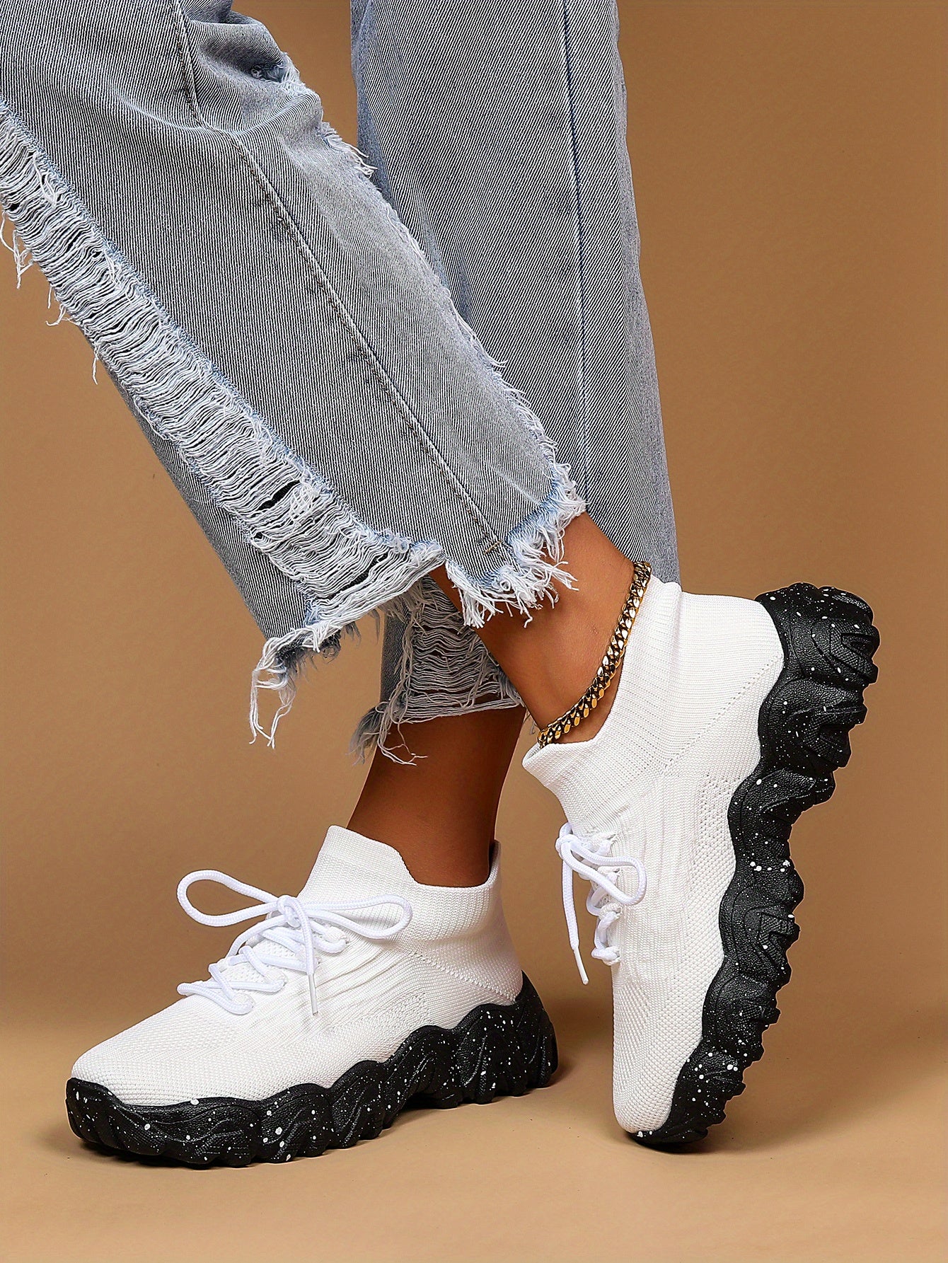 [Breathable Fabric Women's Socks Sneakers] Women's Breathable Fabric Socks Sneakers, Flying Woven Lace-Up Chunky Sneakers, Elastic Running Shoes