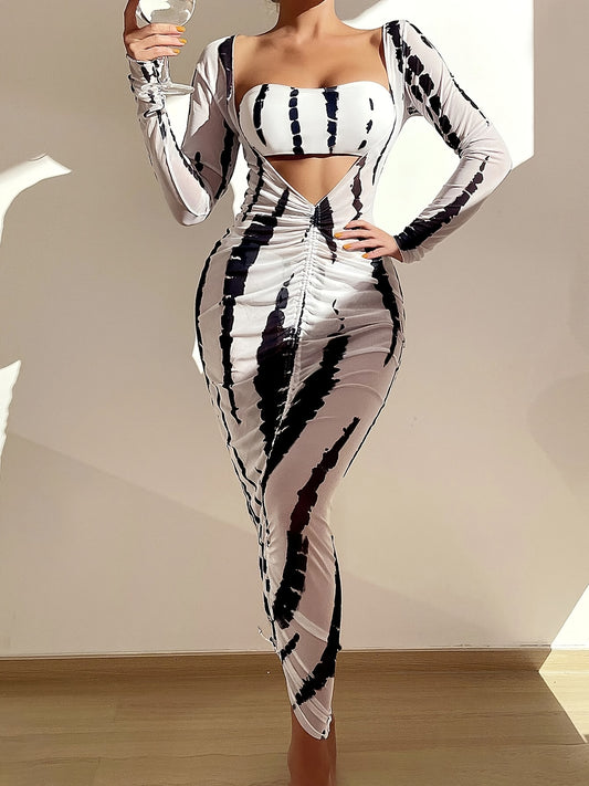 3-piece Tie Dye Bandeau Bikini Sets, Strapless Tube Top With Long Sleeve Open Up Top Long Cover Up Dress, Women's Swimwear & Clothing
