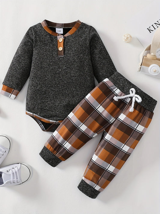Newborn Infant Romper Long Sleeve Round Neck Bodysuit & Plaid Pants For Baby Boys Kids outdoor clothes