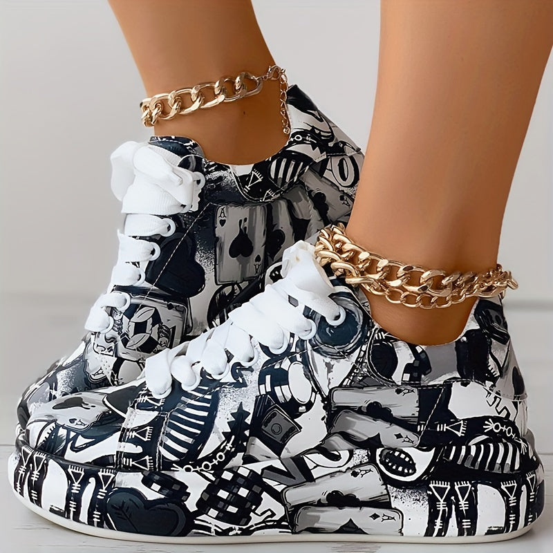 Women's Lace-Up Low-Top Sneakers - Thick Platform Sole for Stability & Height - Non-Slip MD Outsole - Bold Black/Red/White Graffiti Print - Synthetic Leather Upper - Skateboarding, Streetwear, Everyday Shoes - All-Season Wome