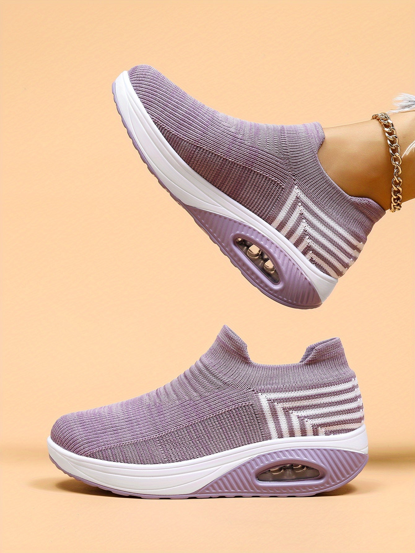 Women's Air Cushion Sneakers, Breathable Round Closed Toe Low Top Slip On Shoes, Women's Casual Knitted Shoes