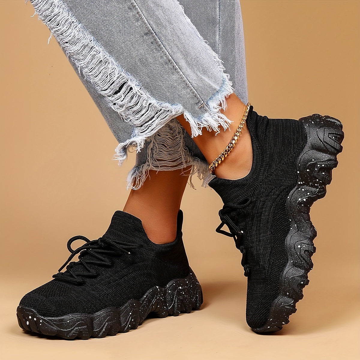 [Breathable Fabric Women's Socks Sneakers] Women's Breathable Fabric Socks Sneakers, Flying Woven Lace-Up Chunky Sneakers, Elastic Running Shoes