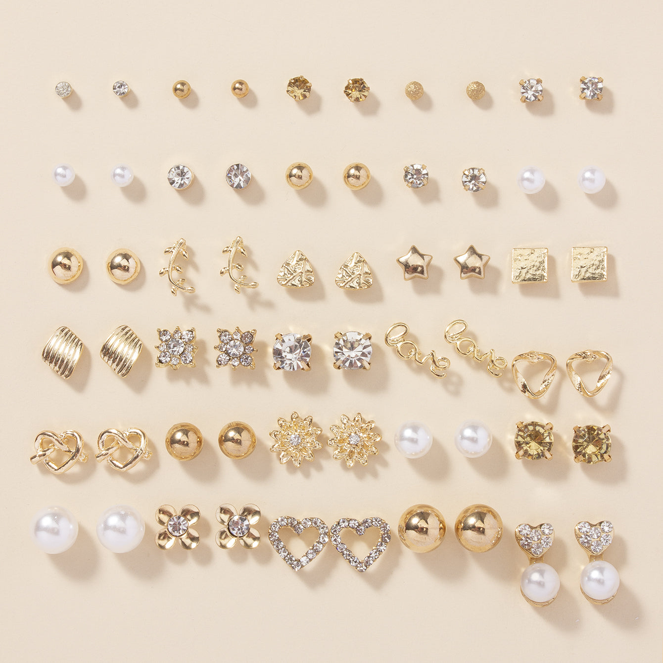 30 Pairs Alloy Full Rhinestones Love Round Faux Pearl Letter Stud Earrings Set