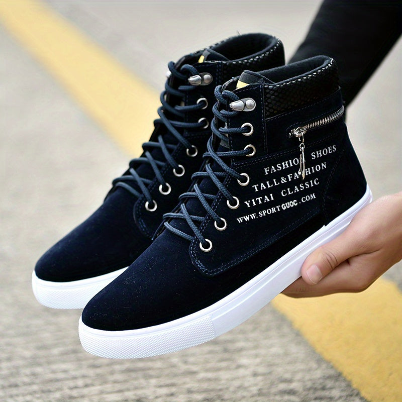 Mens British Style Canvas High-top Sneakers - Lace-up Closure, Casual All-Match, Trendy Design with Decorative Zippers