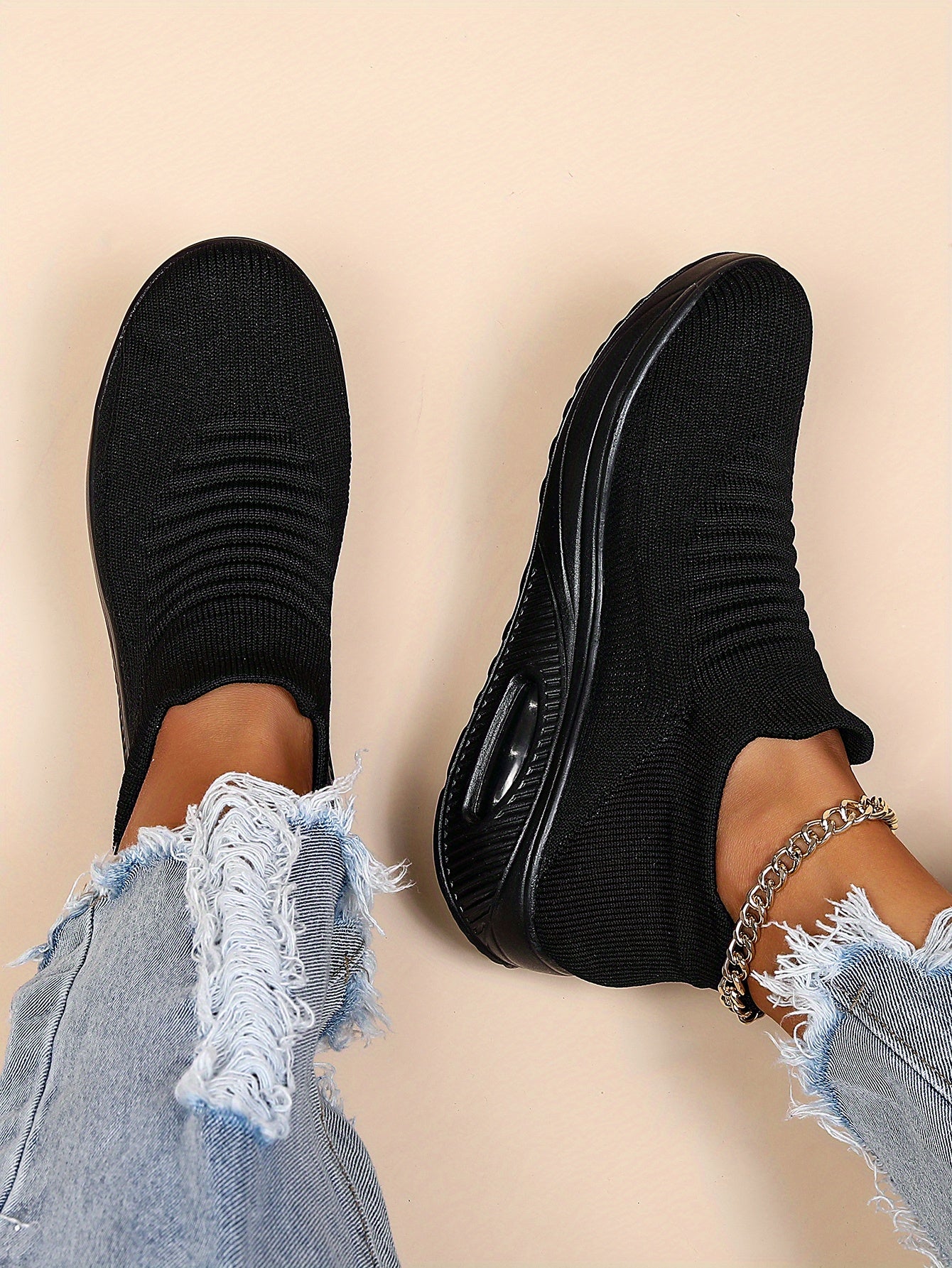 Women's Air Cushion Sneakers, Breathable Round Closed Toe Low Top Slip On Shoes, Women's Casual Knitted Shoes