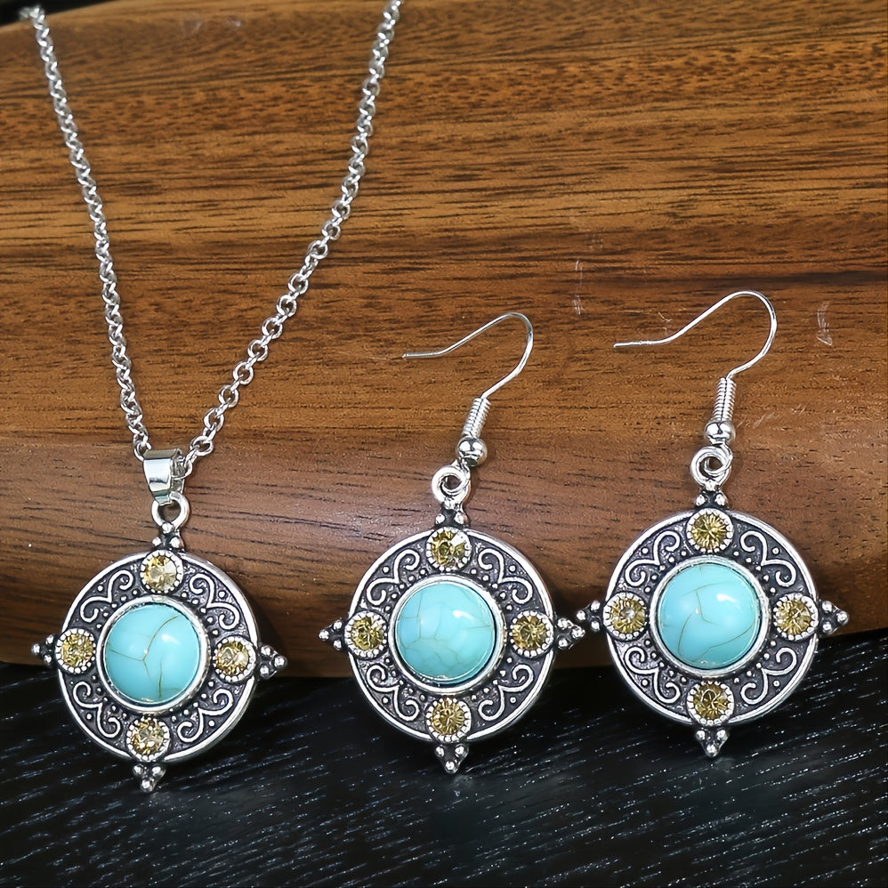 1 Pair Earrings/1 Pair Earrings+1pc Necklace, Retro Ethnic Style Women's Jewelry Set Round Antique Silvery Pendant Geometric Totem Inlaid With Simulated Green Rhinestones Embellished Earrings And Necklace Set