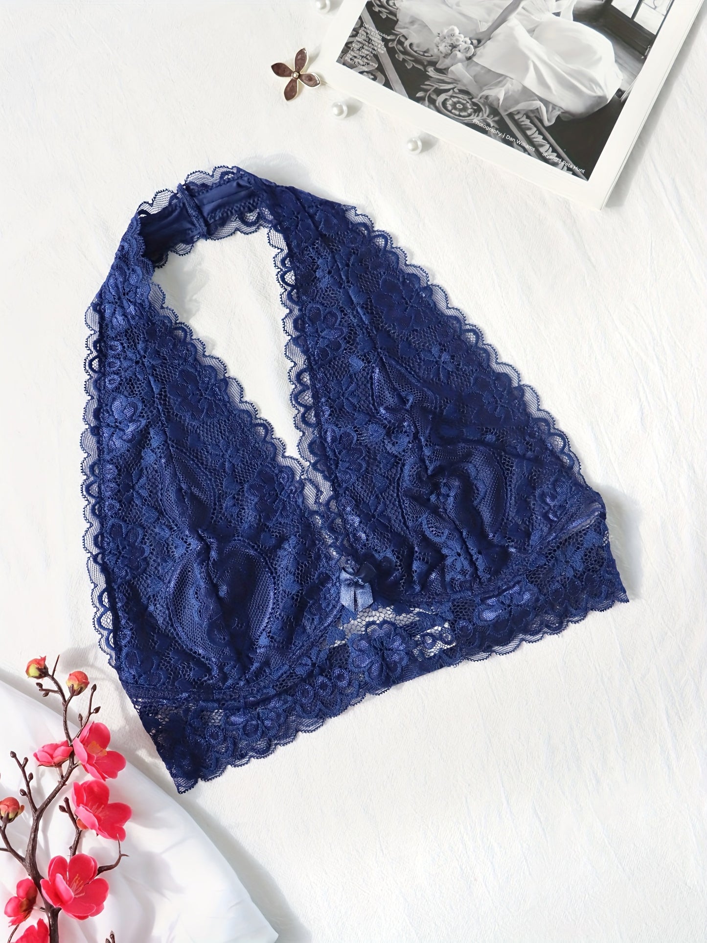 Floral Lace Halter Bralette For Women, Wireless Bra Lingerie With Removable Padded Halter Crop Top
