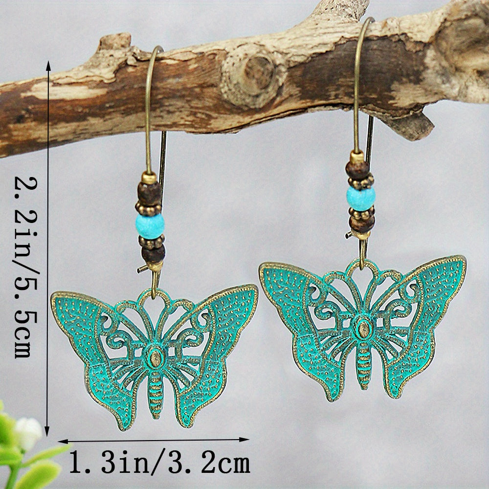Retro Style Antique Bronze Smeared Blue Leaf Hollow Pendant Large Ear Hook Women's Earrings