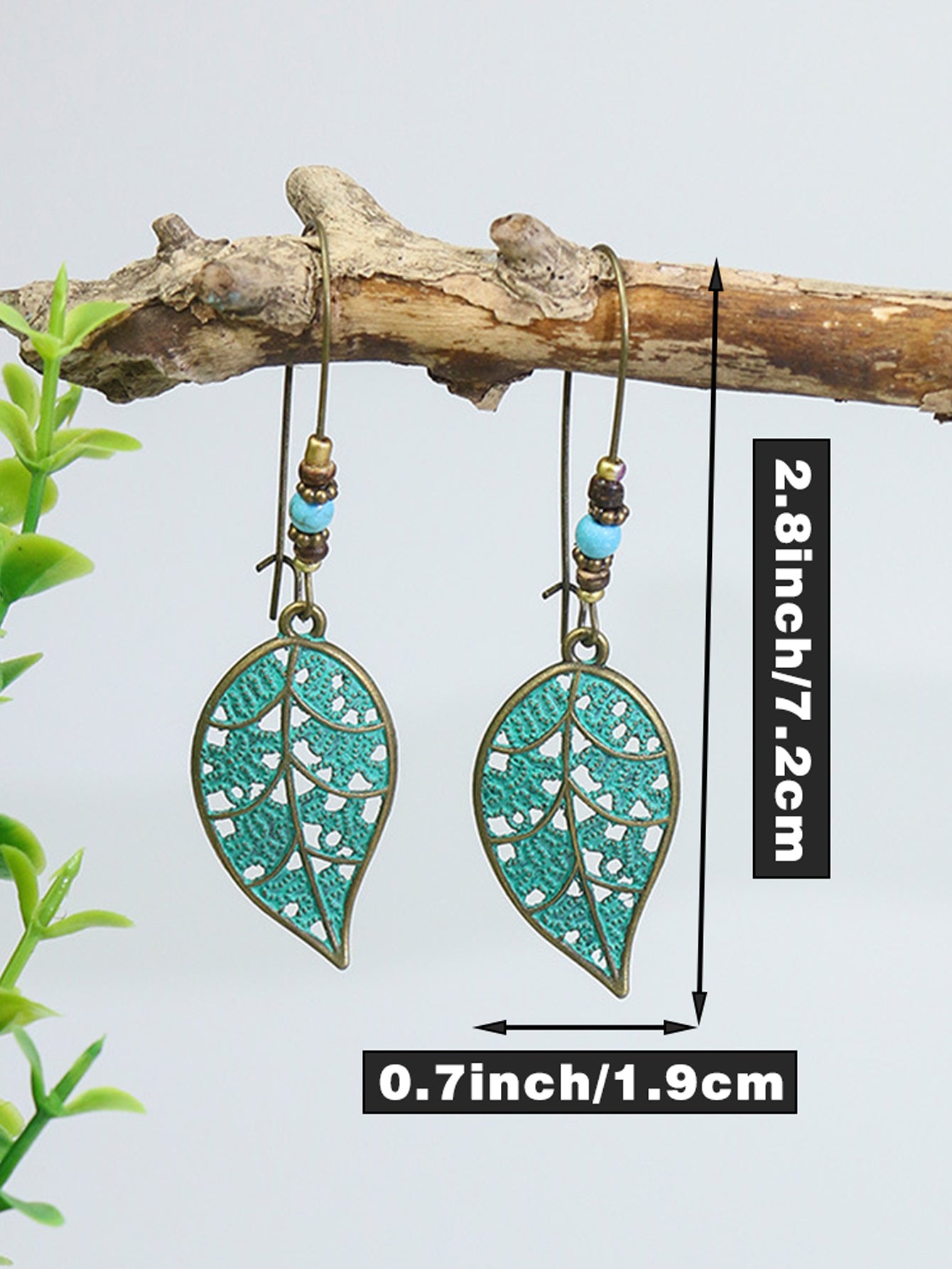 Retro Style Antique Bronze Smeared Blue Leaf Hollow Pendant Large Ear Hook Women's Earrings