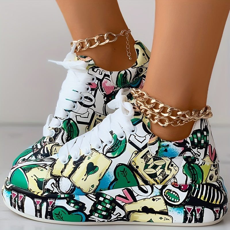 Women's Lace-Up Low-Top Sneakers - Thick Platform Sole for Stability & Height - Non-Slip MD Outsole - Bold Black/Red/White Graffiti Print - Synthetic Leather Upper - Skateboarding, Streetwear, Everyday Shoes - All-Season Wome
