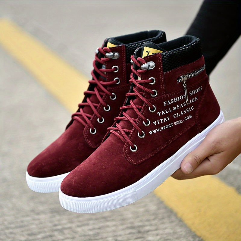 Mens British Style Canvas High-top Sneakers - Lace-up Closure, Casual All-Match, Trendy Design with Decorative Zippers