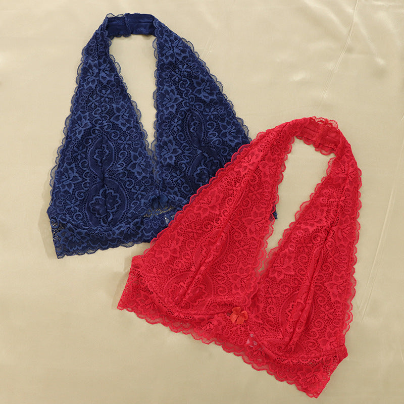 Floral Lace Halter Bralette For Women, Wireless Bra Lingerie With Removable Padded Halter Crop Top