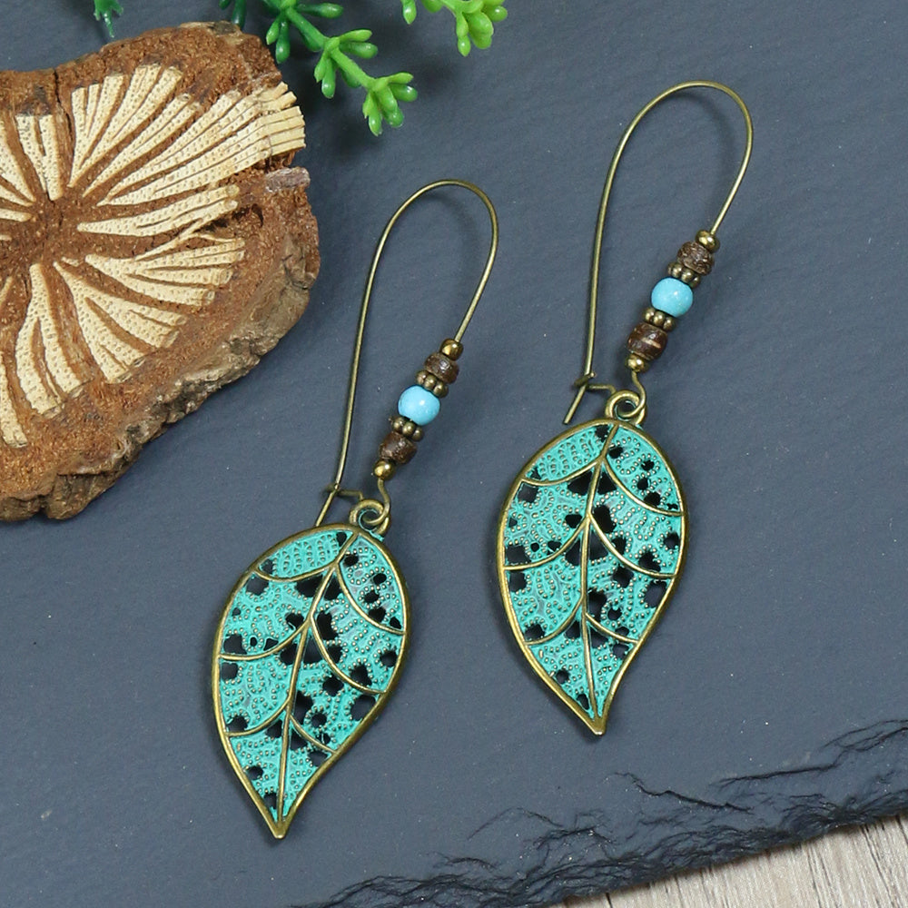 Retro Style Antique Bronze Smeared Blue Leaf Hollow Pendant Large Ear Hook Women's Earrings