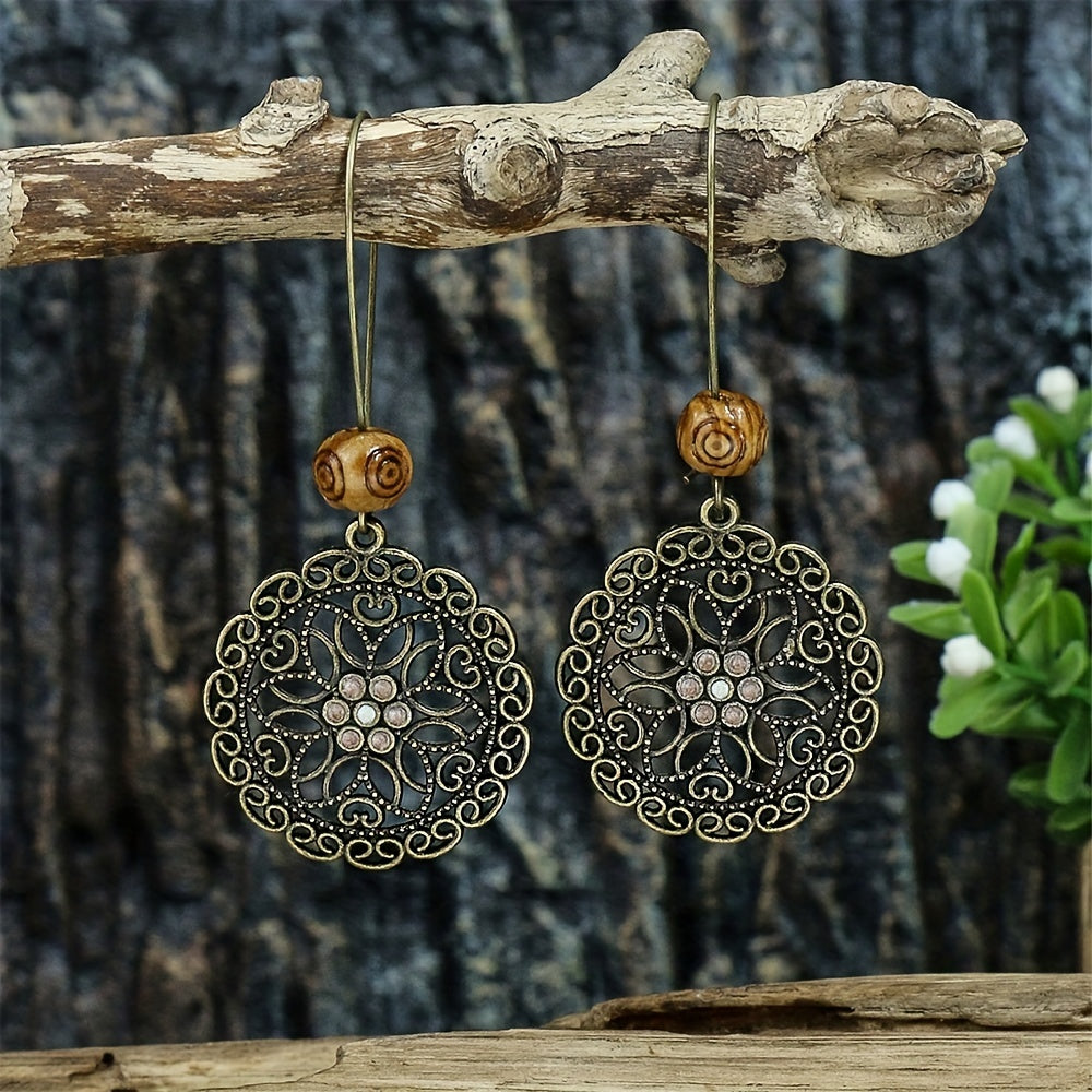 Retro Style Antique Bronze Smeared Blue Leaf Hollow Pendant Large Ear Hook Women's Earrings