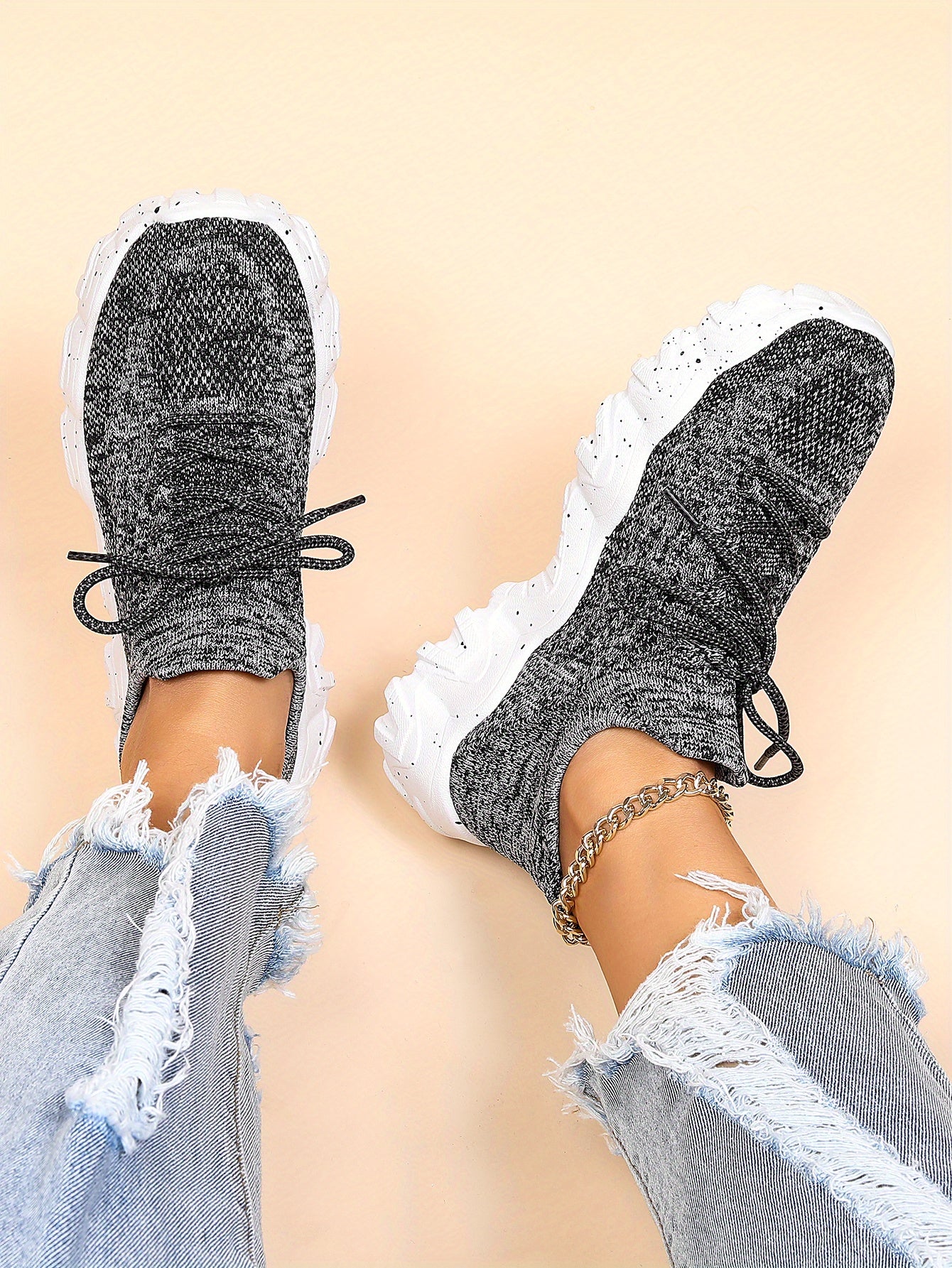 [Breathable Fabric Women's Socks Sneakers] Women's Breathable Fabric Socks Sneakers, Flying Woven Lace-Up Chunky Sneakers, Elastic Running Shoes