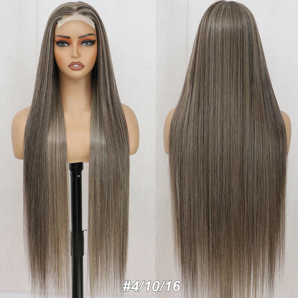 36Inches Straight 4X4 Lace Front Wigs 330Grams Blond 27/613 Chestnut Brown Bio Heat Resistant Fiber Pre Plucked Transparent Lace