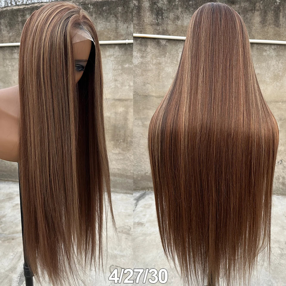 36Inches Straight 4X4 Lace Front Wigs 330Grams Blond 27/613 Chestnut Brown Bio Heat Resistant Fiber Pre Plucked Transparent Lace