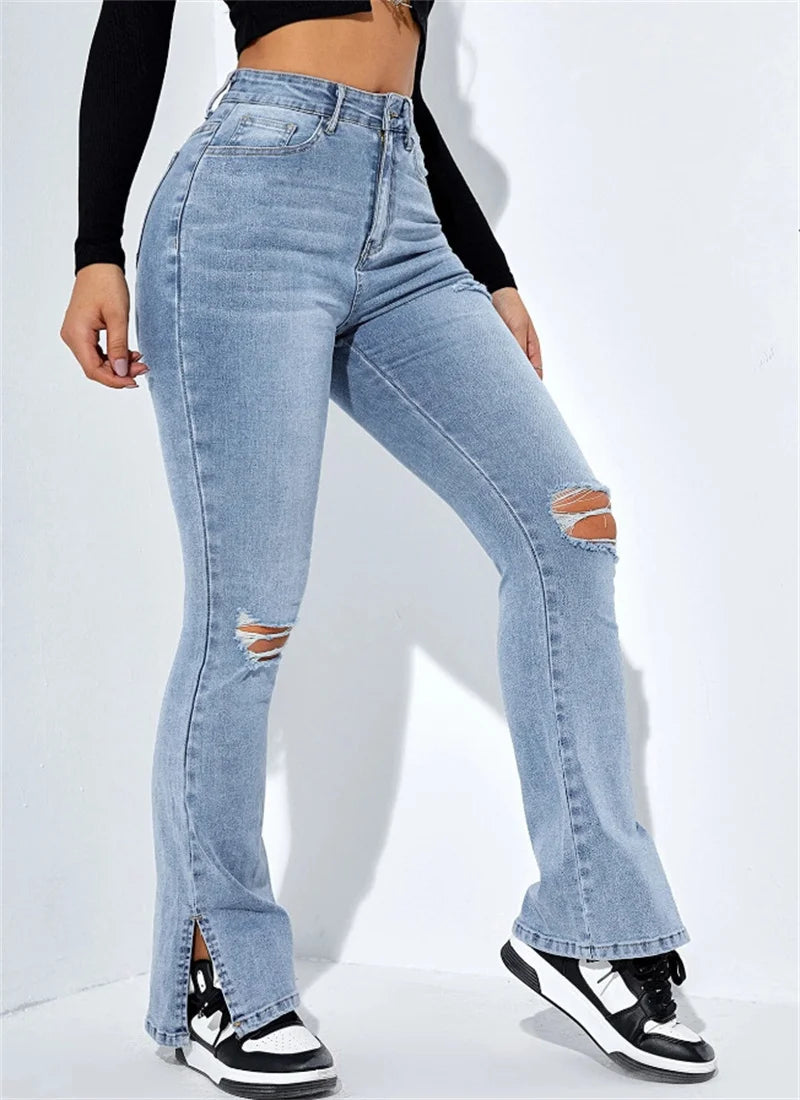 2023 Winter New Women's High Waist Ripped Leg Slit Jeans Fashion Slim Fit Stretch Denim Straight Legs Casual Trousers S-2XL