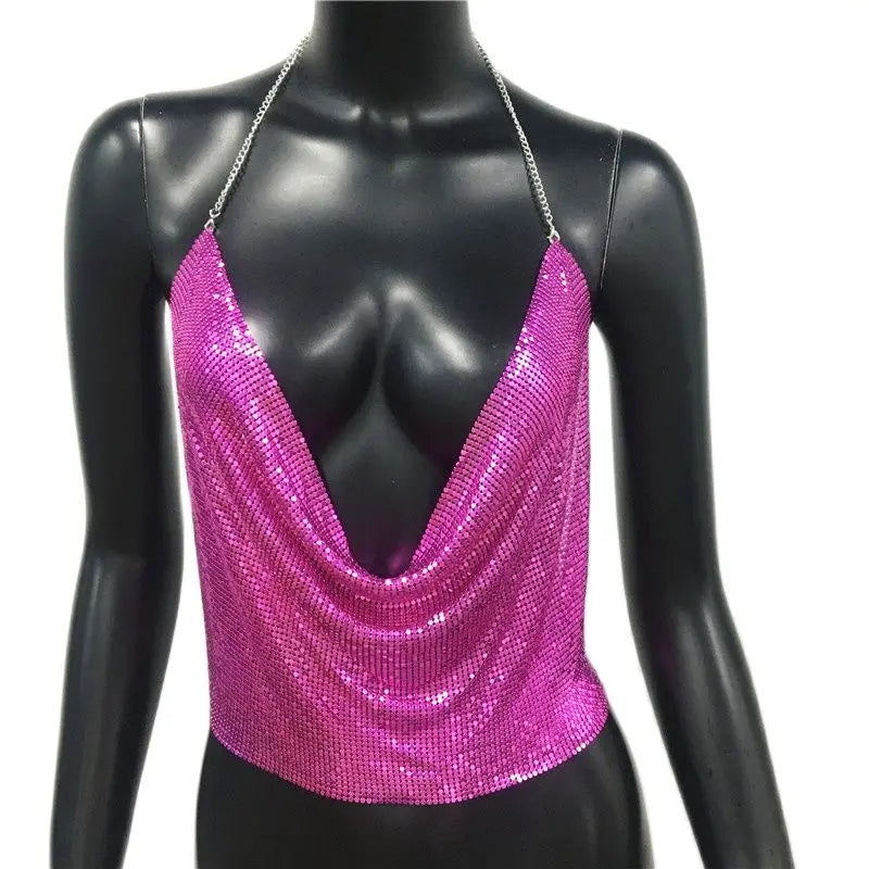 Sexy Metal Sequins Tank Top For Women 2025 Summer V Neck Backless Crop Tops Luxury Solid Short Party Nightclub Tank Tops